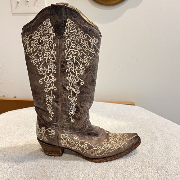 Corral Distressed Brown Cowgirl Boots Bone Embroidery 7.5 Western Cowboy Boho - Picture 8 of 16